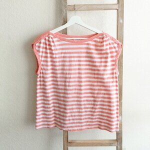 Liz Claiborne Size XL Coral White Stripe 100% Cotton Boat Neck Short Sleeve Tee